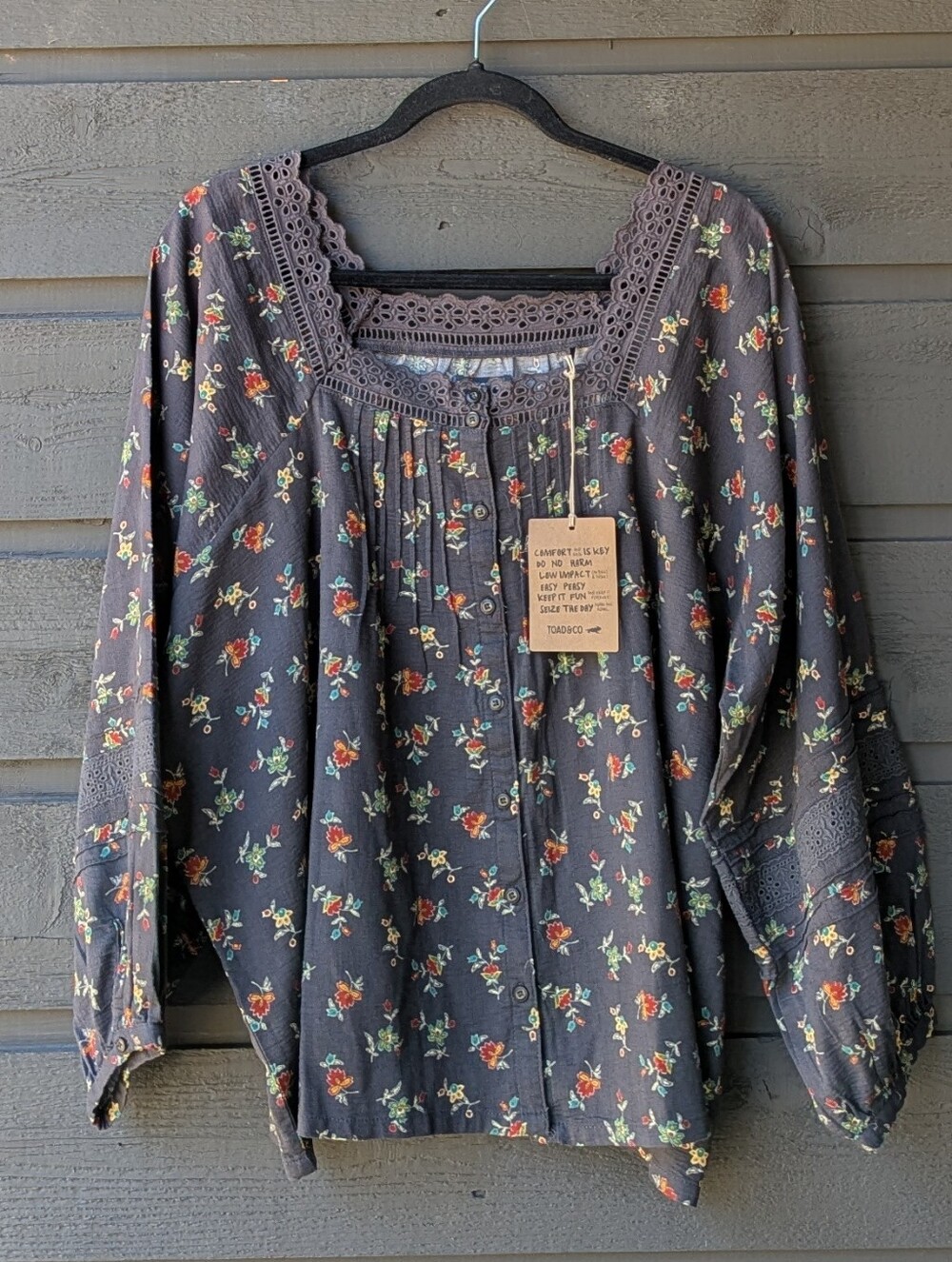 Toad&Co Manzana Peasant Long Sleeve Shirt Floral Soot Graphic Print Size XL